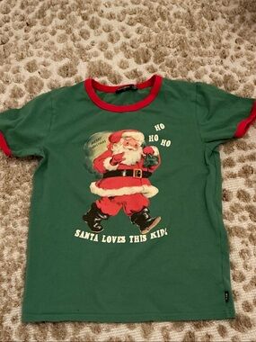 Green Santa Graphic Tee with Red Trim - Kids Holiday Shirt